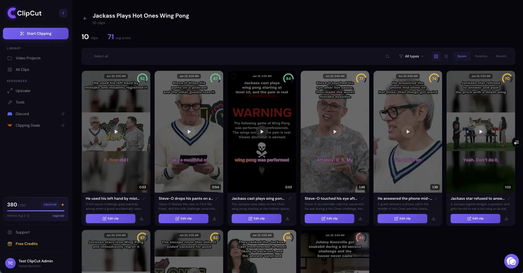 ClipCut dashboard showing 10 scored clips generated from one video